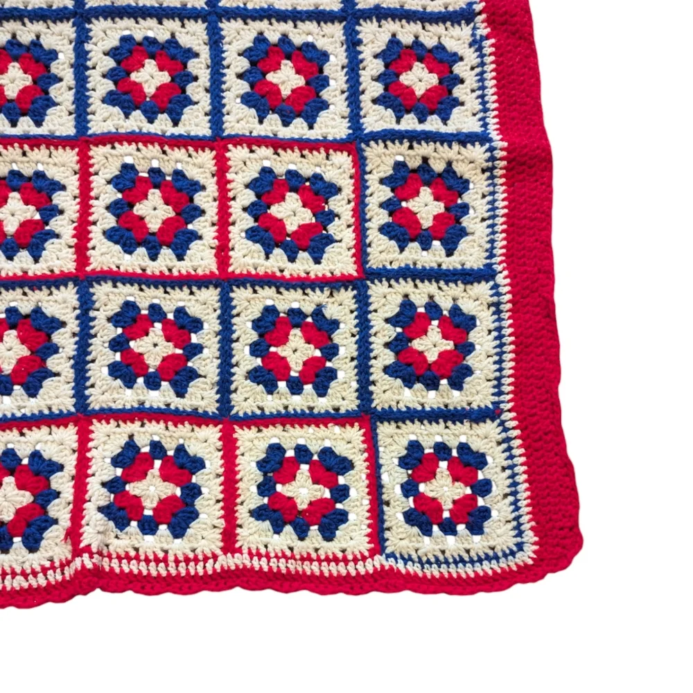 Patriotic Bicentennial Red White & Blue Crocheted Granny Squares Throw Blanket - Picture 2 of 2
